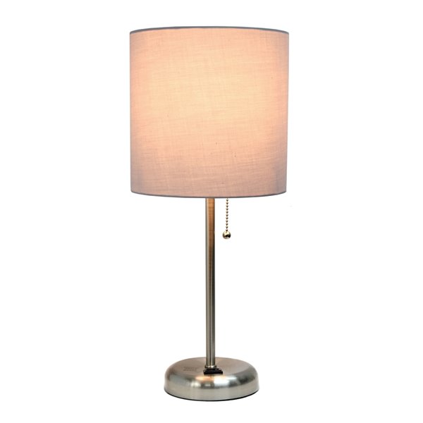 LimeLights Stick Lamp with Charging Outlet and Fabric Shade - Brushed Steel and Grey - 19.5-in