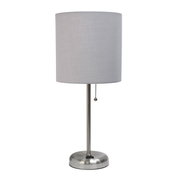 LimeLights Stick Lamp with Charging Outlet and Fabric Shade - Brushed Steel and Grey - 19.5-in