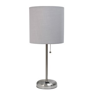 LimeLights Stick Lamp with Charging Outlet and Fabric Shade - Brushed Steel and Grey - 19.5-in