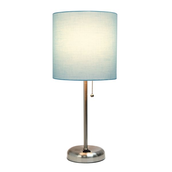 Lampe de table LimeLights avec sortie de charge et abat-jour en tissu, acier brossé et aqua, 19,5 po