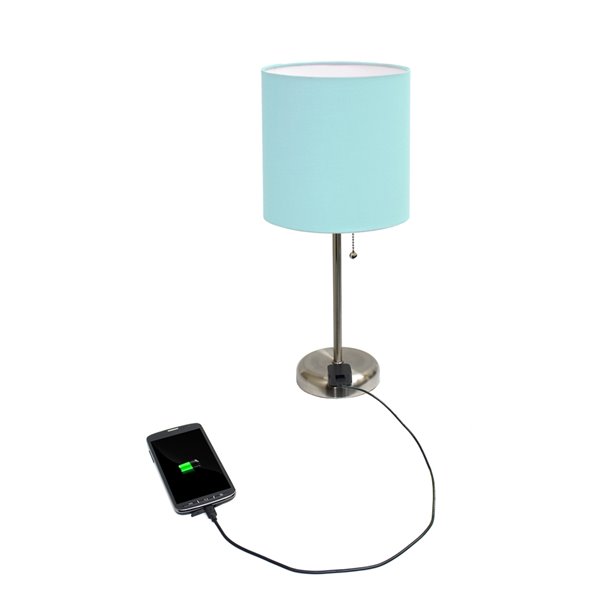 Lampe de table LimeLights avec sortie de charge et abat-jour en tissu, acier brossé et aqua, 19,5 po