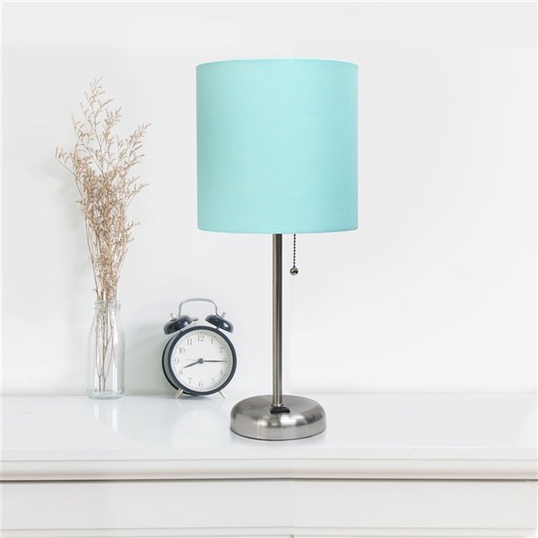 Lampe de table LimeLights avec sortie de charge et abat-jour en tissu, acier brossé et aqua, 19,5 po