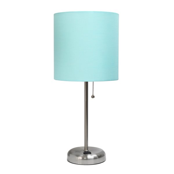 Lampe de table LimeLights avec sortie de charge et abat-jour en tissu, acier brossé et aqua, 19,5 po