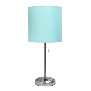 Lampe de table LimeLights avec sortie de charge et abat-jour en tissu, acier brossé et aqua, 19,5 po