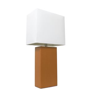 Elegant Designs Modern Leather Table Lamp with White Fabric Shade - Tan - 21-in