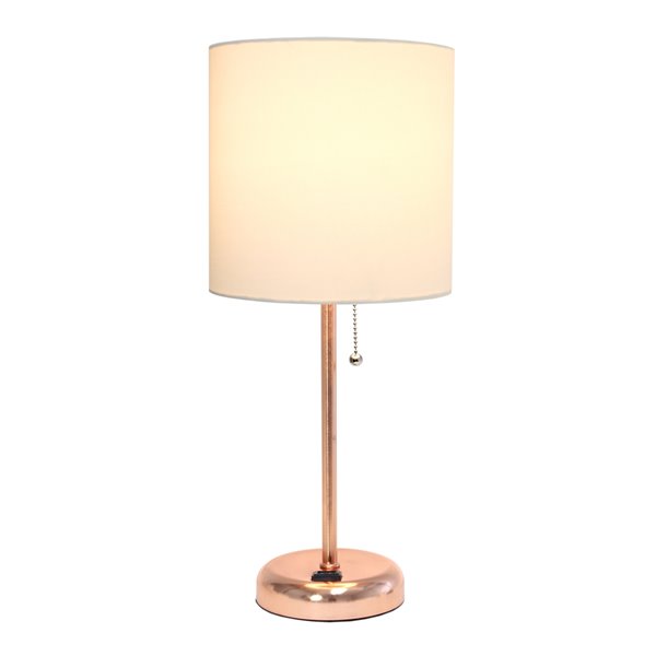 LimeLights Rose Gold Stick Lamp with Charging Outlet and Fabric Shade - Pink Gold and White - 19.5-in