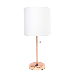 LimeLights Rose Gold Stick Lamp with Charging Outlet and Fabric Shade - Pink Gold and White - 19.5-in