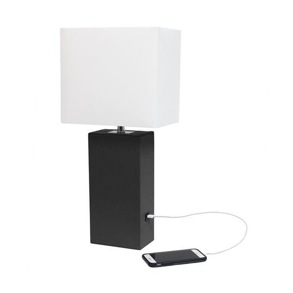 Lampe de table moderne Elegant Designs en cuir avec USB et abat-jour en tissu blanc, noir, 21 po