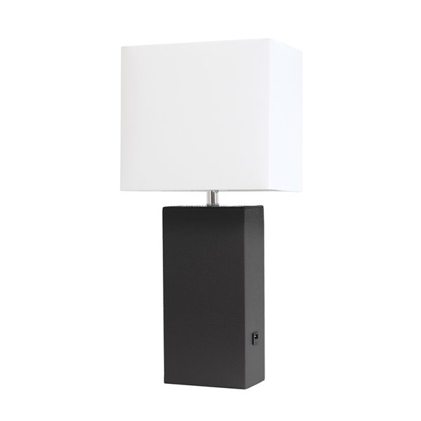 Lampe de table moderne Elegant Designs en cuir avec USB et abat-jour en tissu blanc, noir, 21 po