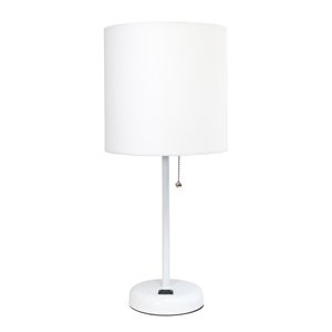 LimeLights White Stick Lamp with Charging Outlet and Fabric Shade - White - 19.5-in