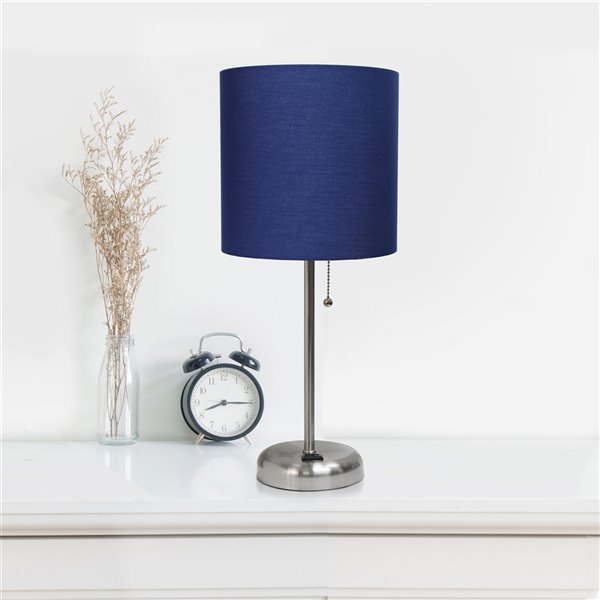 Lampe de table LimeLights avec sortie de charge et abat-jour en tissu, acier brossé et bleu marin, 19,5 po