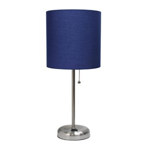 LimeLights Stick Lamp with Charging Outlet and Fabric Shade - Brushed Steel and Navy - 19.5-in