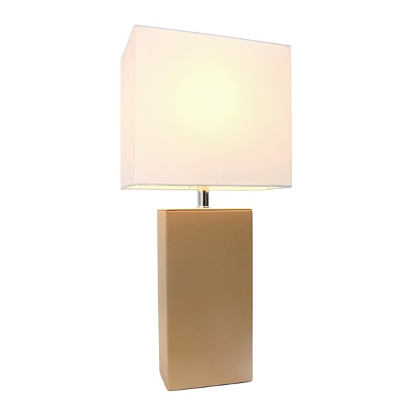 Elegant Designs Modern Leather Table Lamp with White Fabric Shade - Beige - 21-in