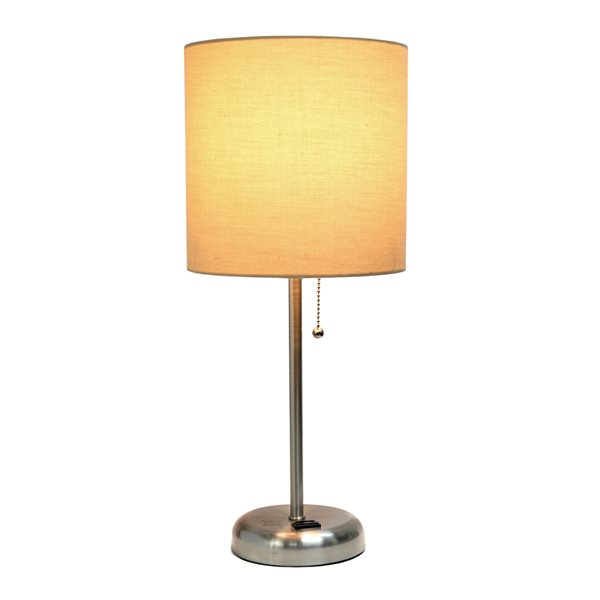 LimeLights Stick Lamp with Charging Outlet and Fabric Shade - Brushed Steel and Tan - 19.5-in