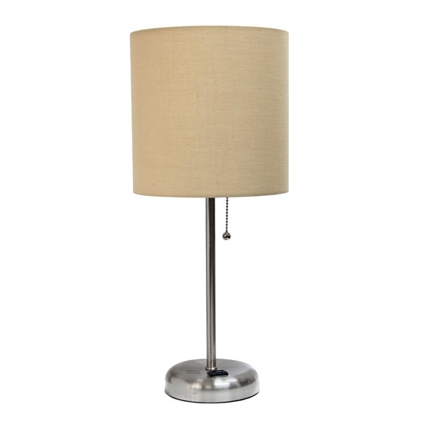 LimeLights Stick Lamp with Charging Outlet and Fabric Shade - Brushed Steel and Tan - 19.5-in