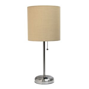 LimeLights Stick Lamp with Charging Outlet and Fabric Shade - Brushed Steel and Tan - 19.5-in