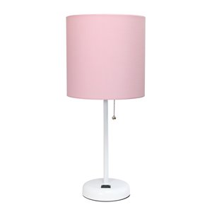 LimeLights White Stick Lamp with Charging Outlet and Fabric Shade - White and Pink - 19.5-in