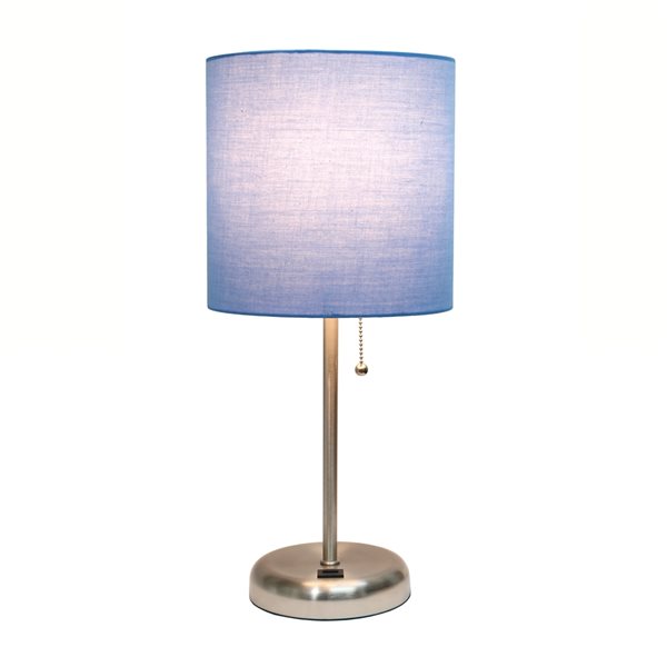 LimeLights Stick Lamp with USB charging port and Fabric Shade - Brushed Steel and Blue - 19.5-in