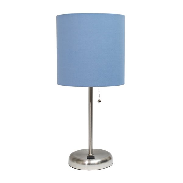 LimeLights Stick Lamp with USB charging port and Fabric Shade - Brushed Steel and Blue - 19.5-in