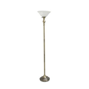 Lampe torchère Elegant Designs, abat-jour en verre blanc marbré et laiton antique, 71 po