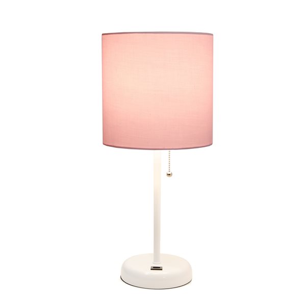 LimeLights White Stick Lamp with USB charging port and Fabric Shade - White and Pink - 19,5-in