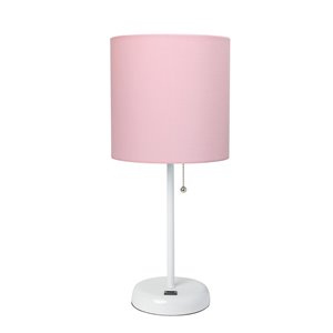 LimeLights White Stick Lamp with USB charging port and Fabric Shade - White and Pink - 19,5-in