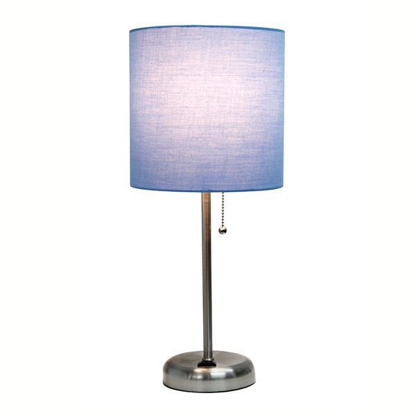 LimeLights Stick Lamp with Charging Outlet and Fabric Shade - Brushed Steel and Blue - 19.5-in