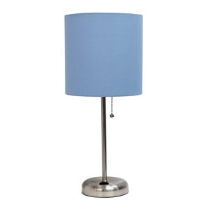 LimeLights Stick Lamp with Charging Outlet and Fabric Shade - Brushed Steel and Blue - 19.5-in