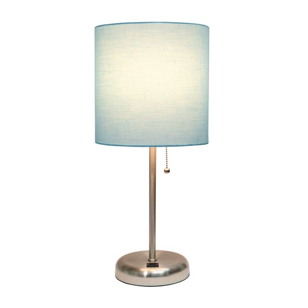 LimeLights Stick Lamp with USB charging port and Fabric Shade - Brushed Steel and Aqua - 19.5-in