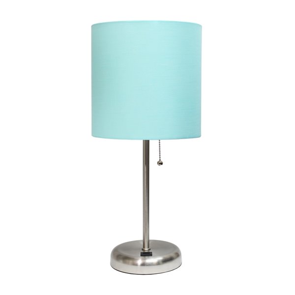 LimeLights Stick Lamp with USB charging port and Fabric Shade - Brushed Steel and Aqua - 19.5-in