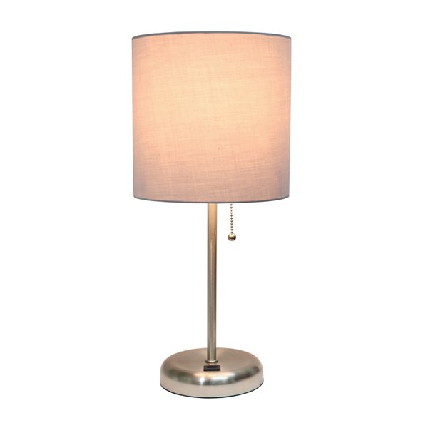 LimeLights Stick Lamp with USB charging port and Fabric Shade - Brushed Steel and Grey - 19.5-in