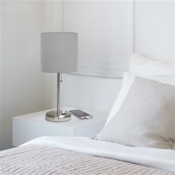 LimeLights Stick Lamp with USB charging port and Fabric Shade - Brushed Steel and Grey - 19.5-in