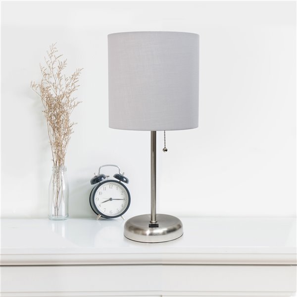 LimeLights Stick Lamp with USB charging port and Fabric Shade - Brushed Steel and Grey - 19.5-in