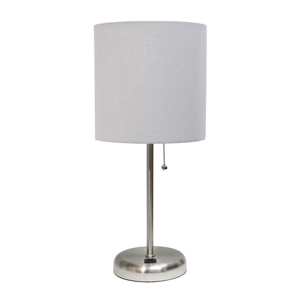 LimeLights Stick Lamp with USB charging port and Fabric Shade - Brushed Steel and Grey - 19.5-in