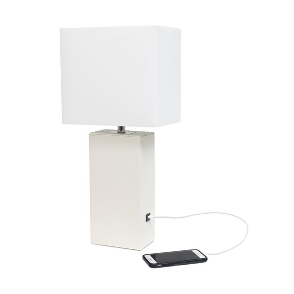 Elegant Designs Modern Leather Table Lamp with USB and White Fabric Shade - White - 21-in