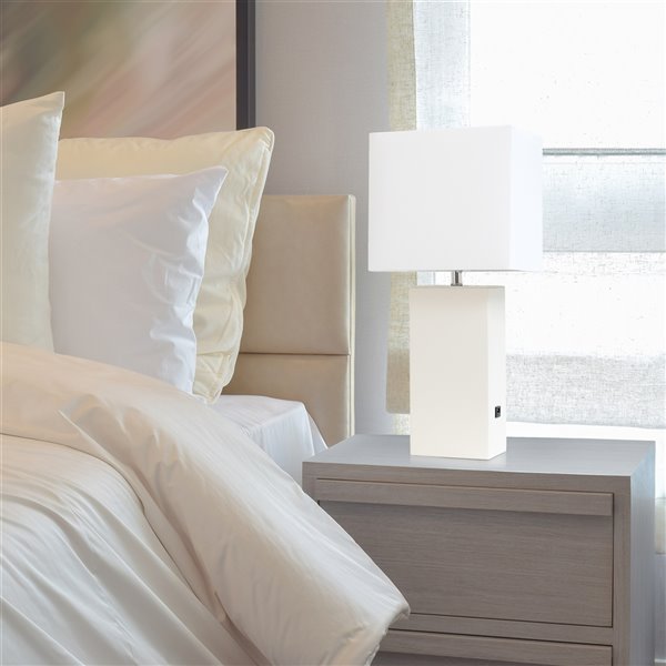 Elegant Designs Modern Leather Table Lamp with USB and White Fabric Shade - White - 21-in