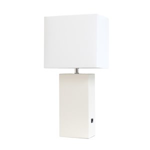 Lampe de table moderne Elegant Designs en cuir avec USB et abat-jour en tissu blanc, blanc, 21 po