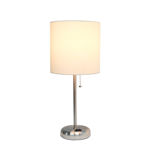 Lampe de table LimeLights sortie de charge et abat-jour en tissu, acier brossé et blanc, 19,5 po