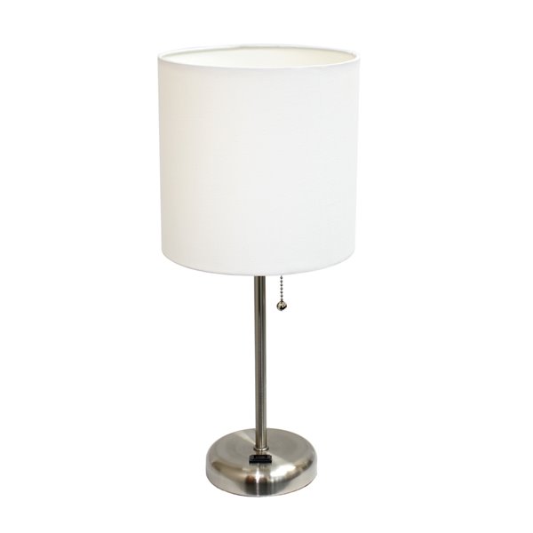 Lampe de table LimeLights sortie de charge et abat-jour en tissu, acier brossé et blanc, 19,5 po