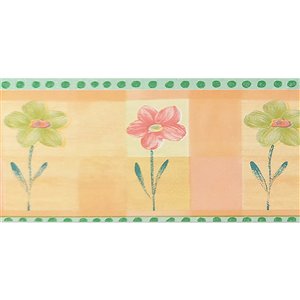 Dundee Deco Self-Adhesive Wallpaper Border with Flowers for Kids - 33-ft x 4-in - Beige, Green and Pink