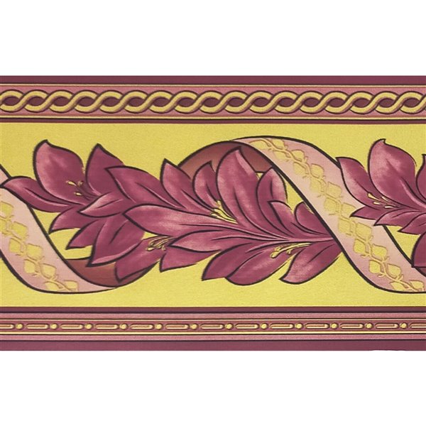 Dundee Deco Self-Adhesive Wallpaper Border with Damask Leaves Design -  33-ft x 4-in - Purple and Yellow | RONA