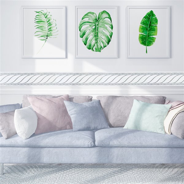 Dundee Deco Self-Adhesive Wallpaper Border with Scroll Design - 33-ft x 4-in - Grey and White