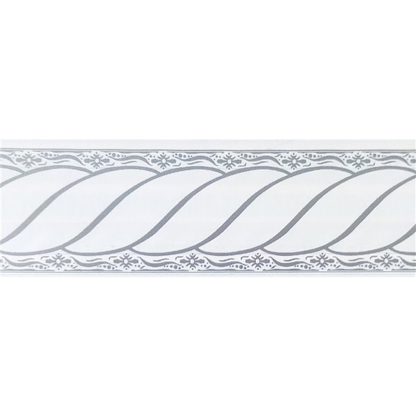 Dundee Deco Self-Adhesive Wallpaper Border with Scroll Design - 33-ft x 4-in - Grey and White