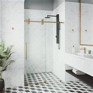 Porte de douche coulissante Elan de VIGO ajustable sans cadre, or mat brossé, 72 po x 74 po