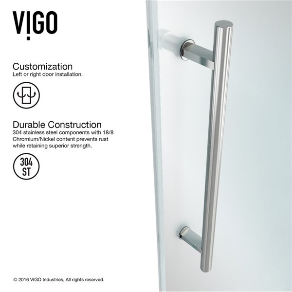 Porte de douche Elan VIGO en verre trempé transparent, acier inoxydable, 74 po x 48 po