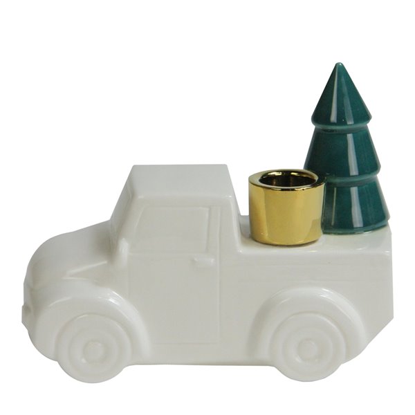 Northlight Ceramic Truck with Christmas Tree Taper Candlestick Holder - 6-in -White