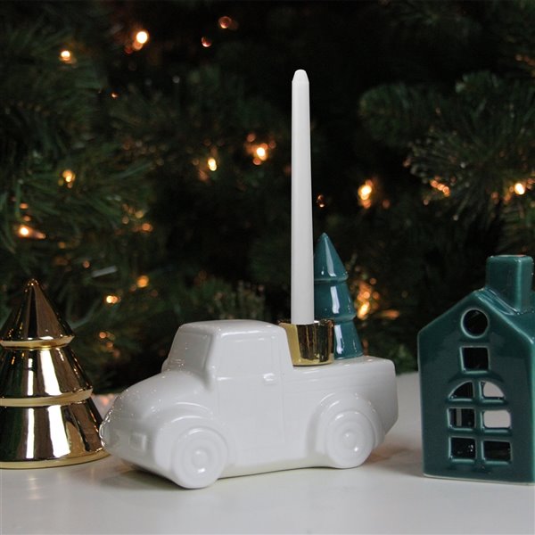 Northlight Ceramic Truck with Christmas Tree Taper Candlestick Holder - 6-in -White