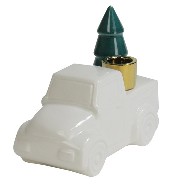 Northlight Ceramic Truck with Christmas Tree Taper Candlestick Holder - 6-in -White