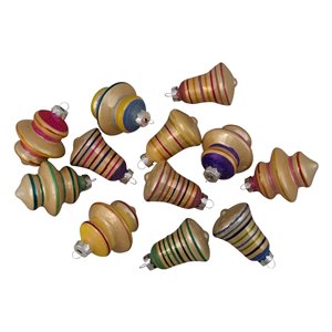 Northlight 2-Finish Striped Glass Christmas Finial and Bell Ornaments - Purple and Yellow 12/pk