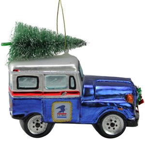 Northlight USPS Post Office Truck with Tree Glass Ornament - 5-in - Blue and White